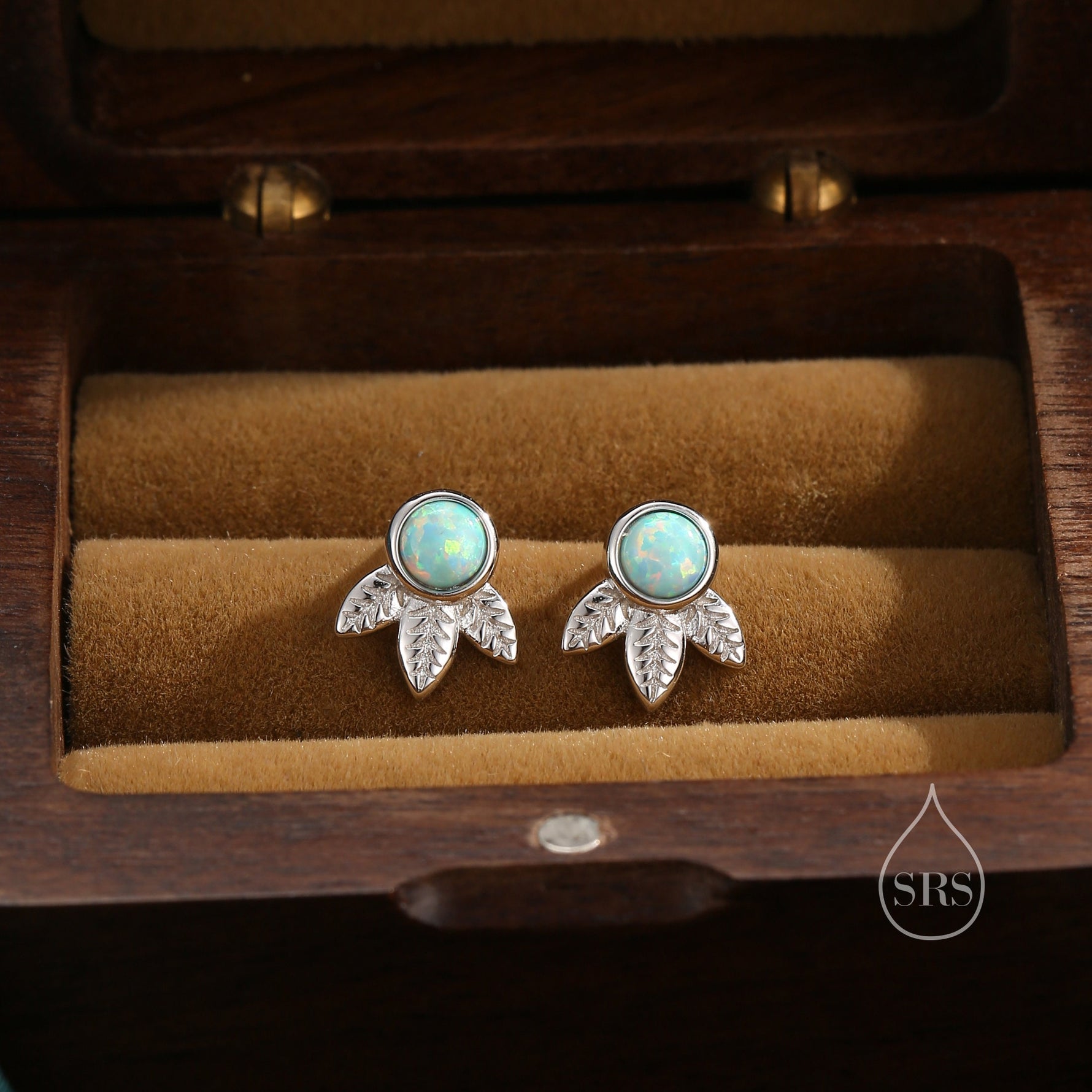Green Opal and Leaf Motif Stud Earrings in Sterling Silver, Lab Opal Leaf Earrings, Fire Opal Tree Earrings