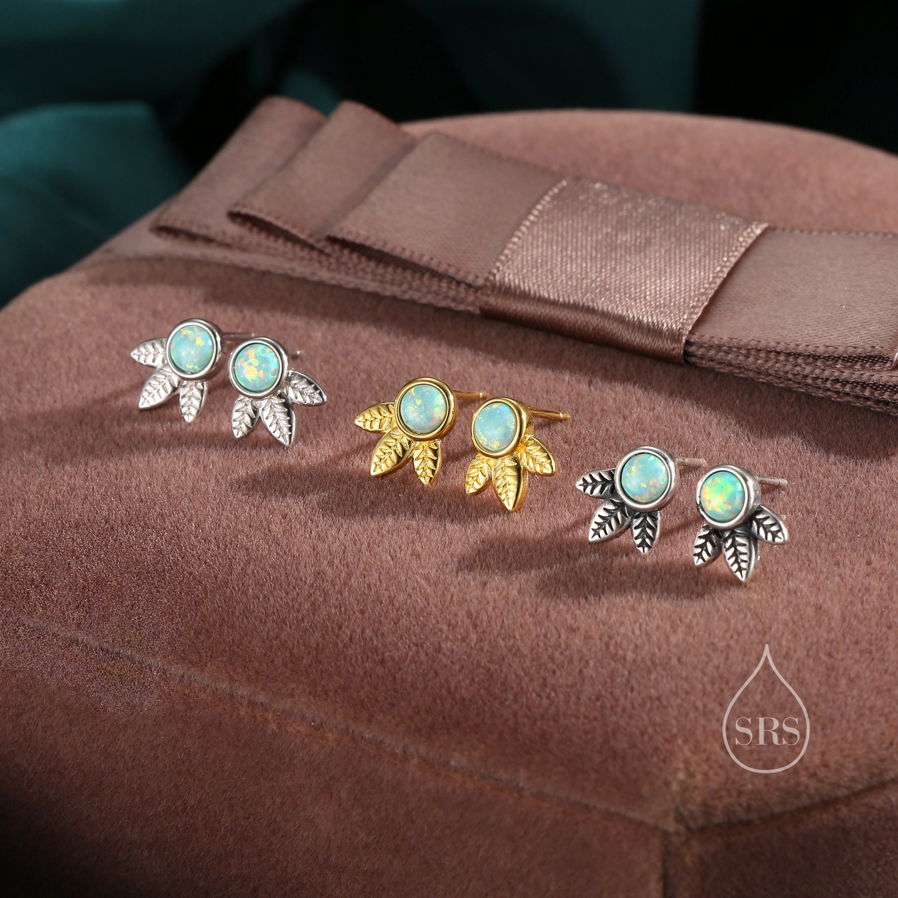 Green Opal and Leaf Motif Stud Earrings in Sterling Silver, Lab Opal Leaf Earrings, Fire Opal Tree Earrings
