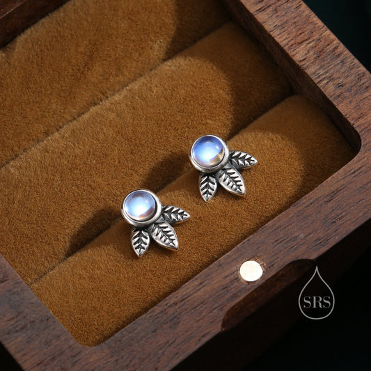 Moonstone and Leaf Motif Stud Earrings in Sterling Silver, Lab Moonstone Leaf Earrings, Moonstone Tree Earrings, Moonstone Crown Earrings