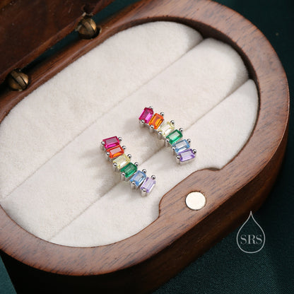 Rainbow Baguette CZ Stud Earrings in Sterling Silver, Silver or Gold, Rainbow Earrings, Rainbow Bar Earrings