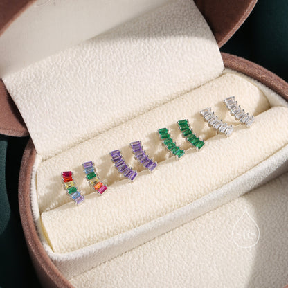 Rainbow Baguette CZ Stud Earrings in Sterling Silver, Silver or Gold, Rainbow Earrings, Rainbow Bar Earrings