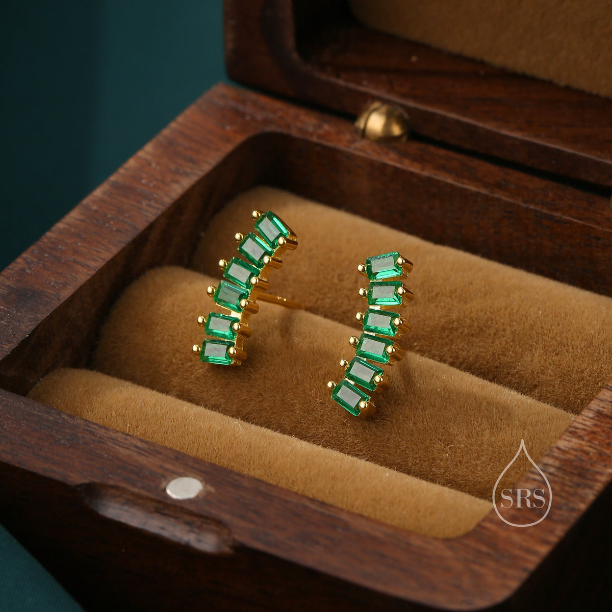 Emerald Green Baguette CZ Stud Earrings in Sterling Silver, Silver or Gold, Green Earrings, Chunky Green Bar Earrings