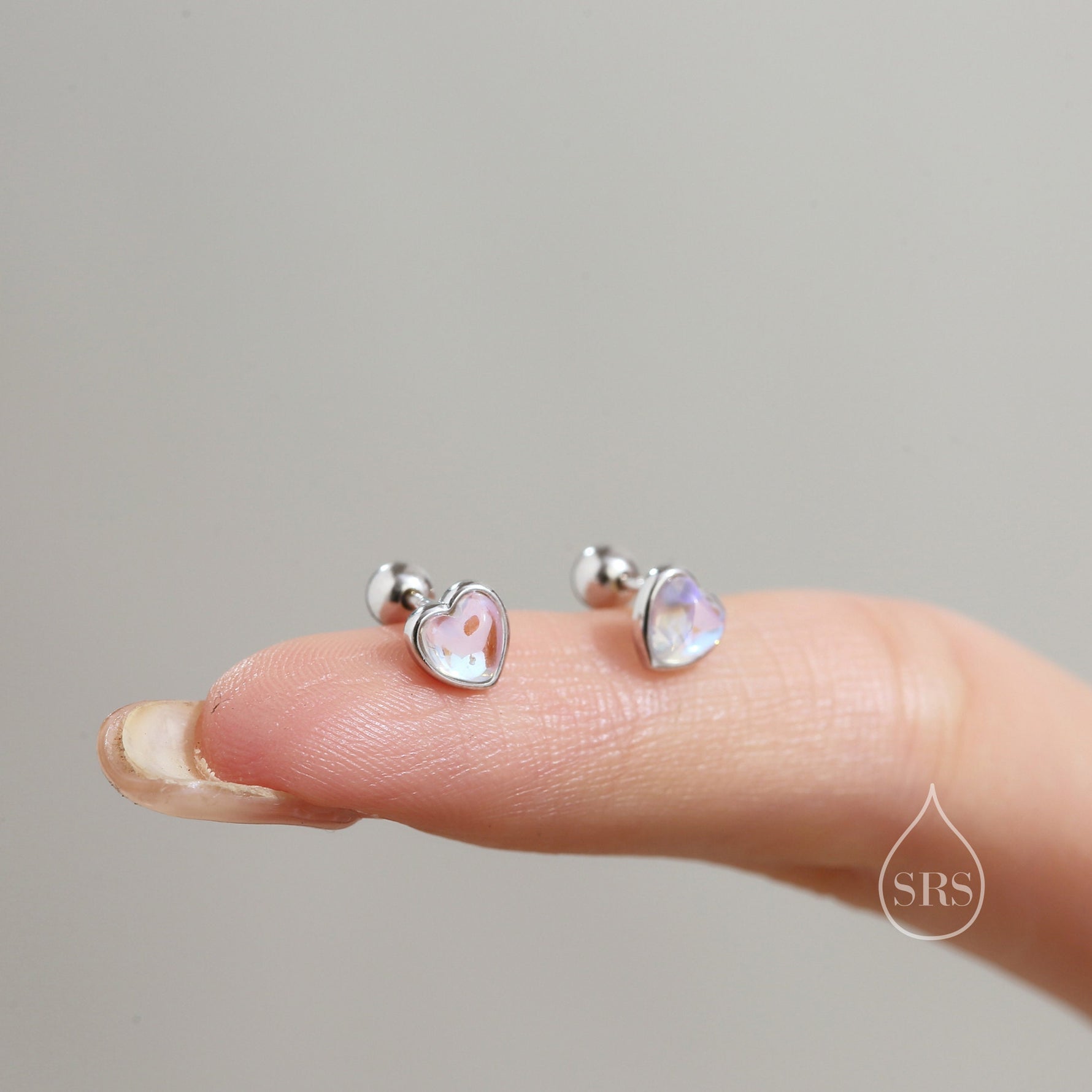 Moonstone Heart Screwback Earrings in Sterling Silver, Silver or Gold, Delicate Heart Earrings, Moonstone Heart Barbell Earrings, Screw Back