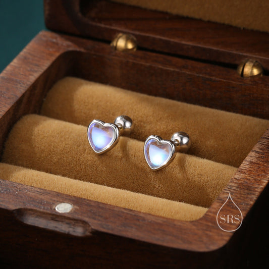 Moonstone Heart Screwback Earrings in Sterling Silver, Silver or Gold, Delicate Heart Earrings, Moonstone Heart Barbell Earrings, Screw Back