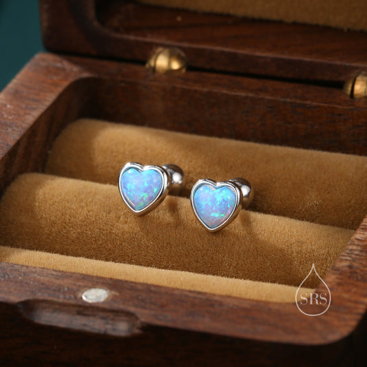 Blue Opal Heart Screw Back Earrings in Sterling Silver, Opal Heart Earrings, Silver or Gold,  Heart Earrings, Aqua Blue Opal Earrings