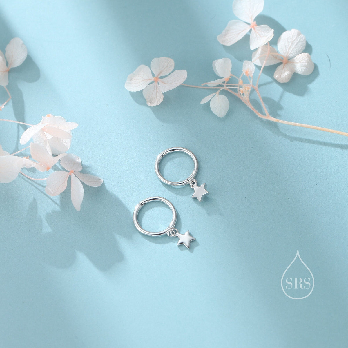 Star Dangle Huggie Hoop Earrings in Sterling Silver, Silver or Gold or Rose Gold, Delicate Star Skinny Hoops