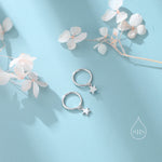 Star Dangle Huggie Hoop Earrings in Sterling Silver, Silver or Gold or Rose Gold, Delicate Star Skinny Hoops