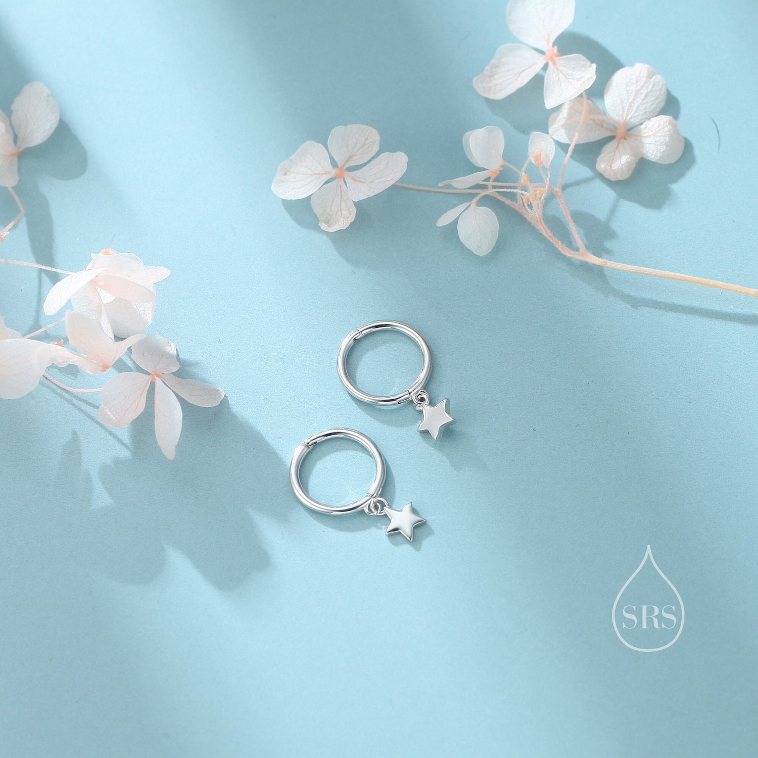 Star Dangle Huggie Hoop Earrings in Sterling Silver, Silver or Gold or Rose Gold, Delicate Star Skinny Hoops