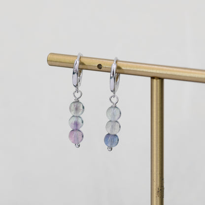 Genuine Fluorite Beads Trio Huggie Hoop Earrings in Sterling Silver, Natural Fluorite Crystal Cluster Dangle Earrings, Three Stone Hoops