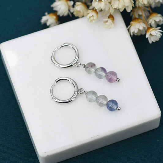 Genuine Fluorite Beads Trio Huggie Hoop Earrings in Sterling Silver, Natural Fluorite Crystal Cluster Dangle Earrings, Three Stone Hoops