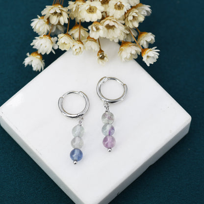 Genuine Fluorite Beads Trio Huggie Hoop Earrings in Sterling Silver, Natural Fluorite Crystal Cluster Dangle Earrings, Three Stone Hoops