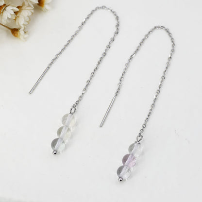 Genuine Fluorite Trio Threader Earrings in Sterling Silver, Natural Fluorite Cluster Dangle Earrings, Three Stone Ear Threaders