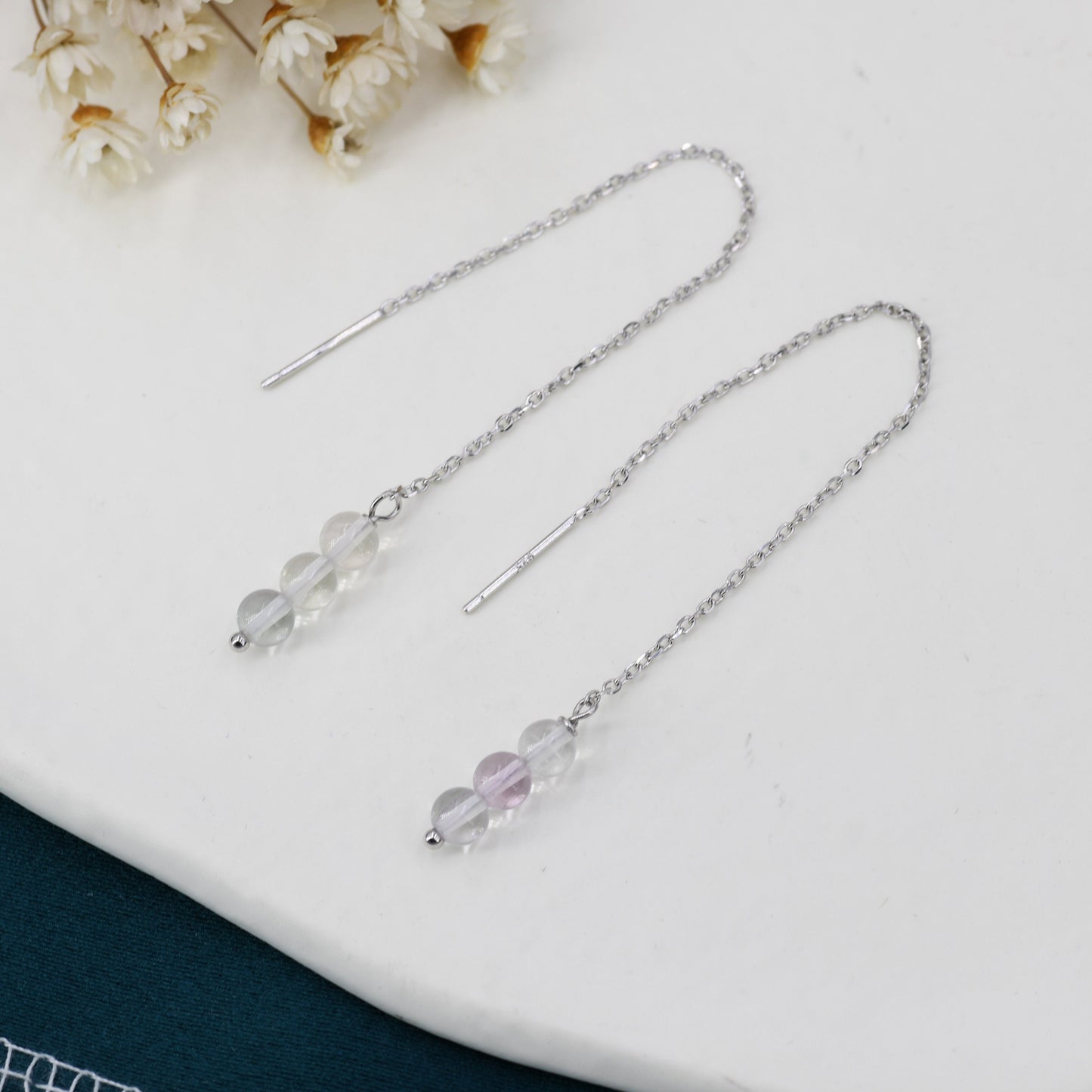 Genuine Fluorite Trio Threader Earrings in Sterling Silver, Natural Fluorite Cluster Dangle Earrings, Three Stone Ear Threaders