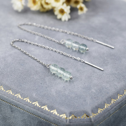 Genuine Fluorite Trio Threader Earrings in Sterling Silver, Natural Fluorite Cluster Dangle Earrings, Three Stone Ear Threaders