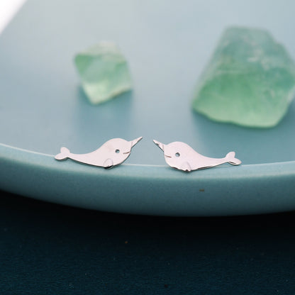 Narwhal Unicorn Whale Stud Earrings in Sterling Silver, Cute Fun Quirky, Gift for Her, Animal Lover, Nature Inspired, Nautical Ocean