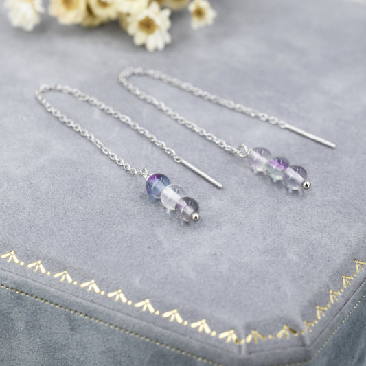 Genuine Fluorite Trio Threader Earrings in Sterling Silver, Natural Fluorite Cluster Dangle Earrings, Three Stone Ear Threaders - Green