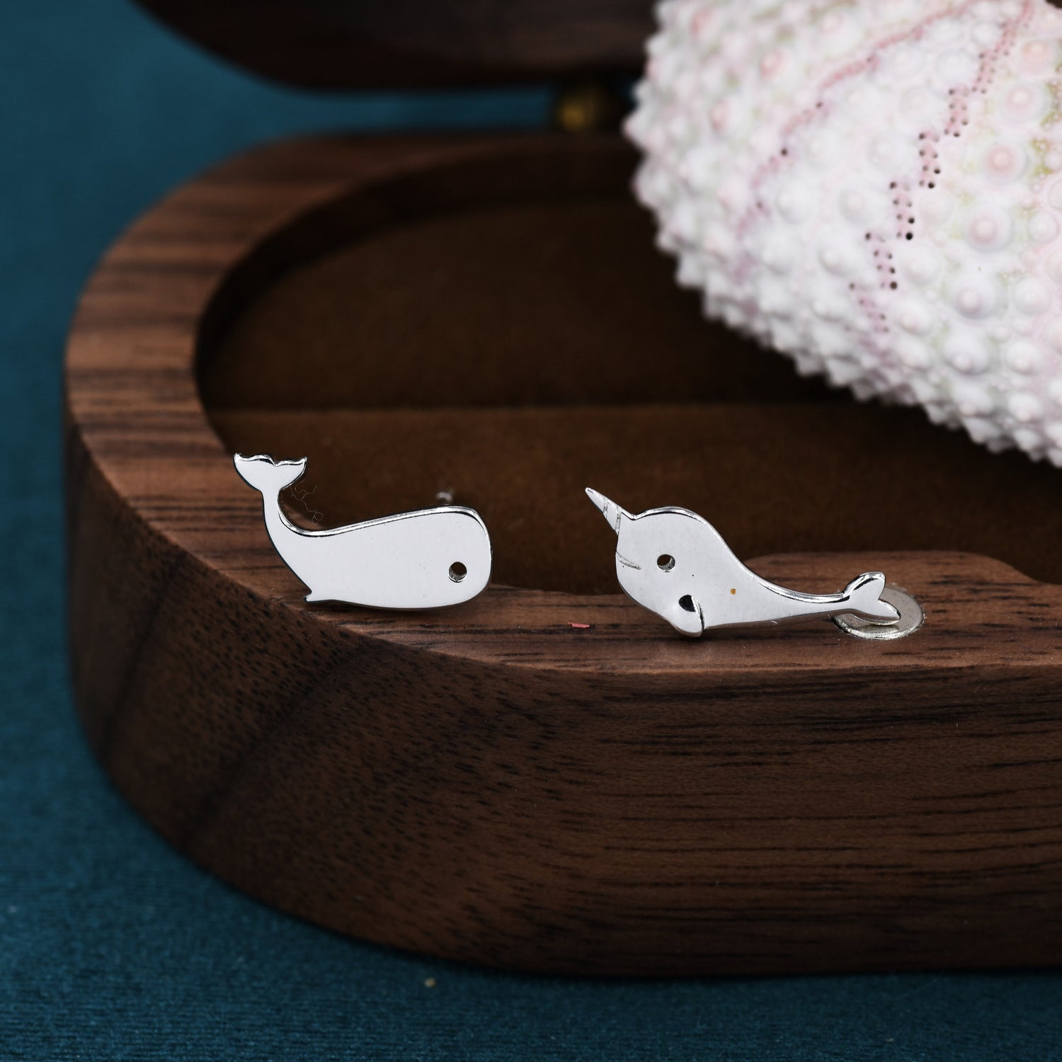 Mismatched Whale and Narwhale Stud Earrings in Sterling Silver, Whale Fish Earrings, Tiny Fish Earrings, Whale Earrings