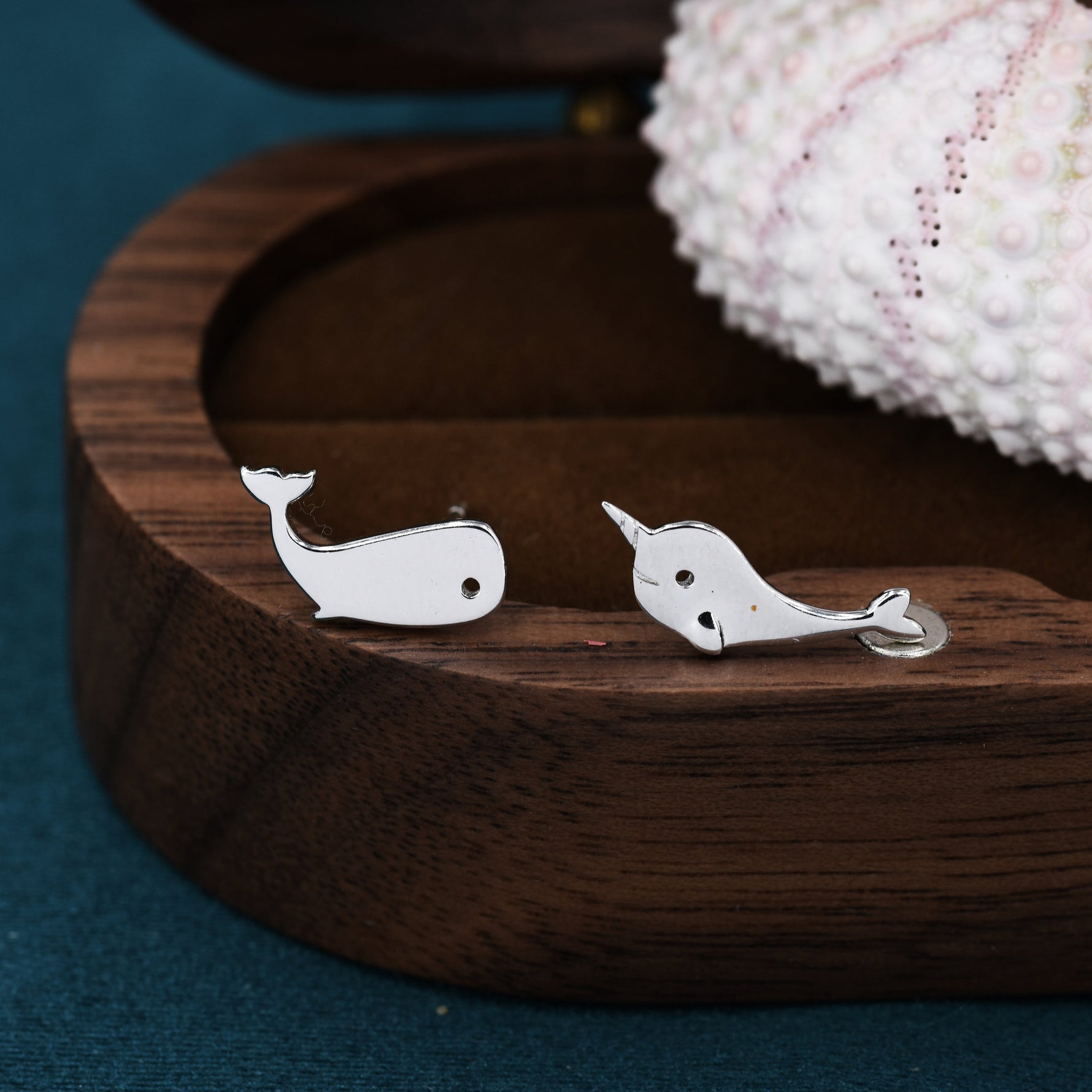 Mismatched Whale and Narwhale Stud Earrings in Sterling Silver, Whale Fish Earrings, Tiny Fish Earrings, Whale Earrings