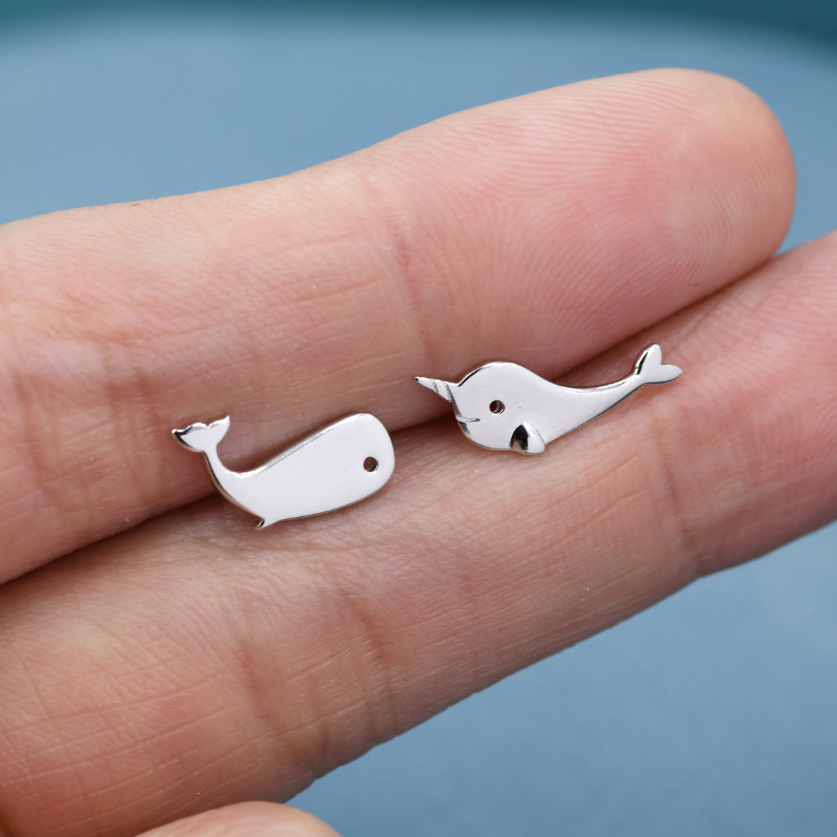 Mismatched Whale and Narwhale Stud Earrings in Sterling Silver, Whale Fish Earrings, Tiny Fish Earrings, Whale Earrings