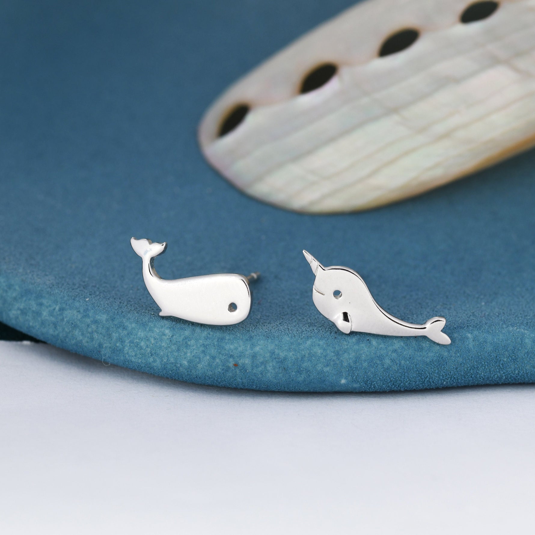 Mismatched Whale and Narwhale Stud Earrings in Sterling Silver, Whale Fish Earrings, Tiny Fish Earrings, Whale Earrings