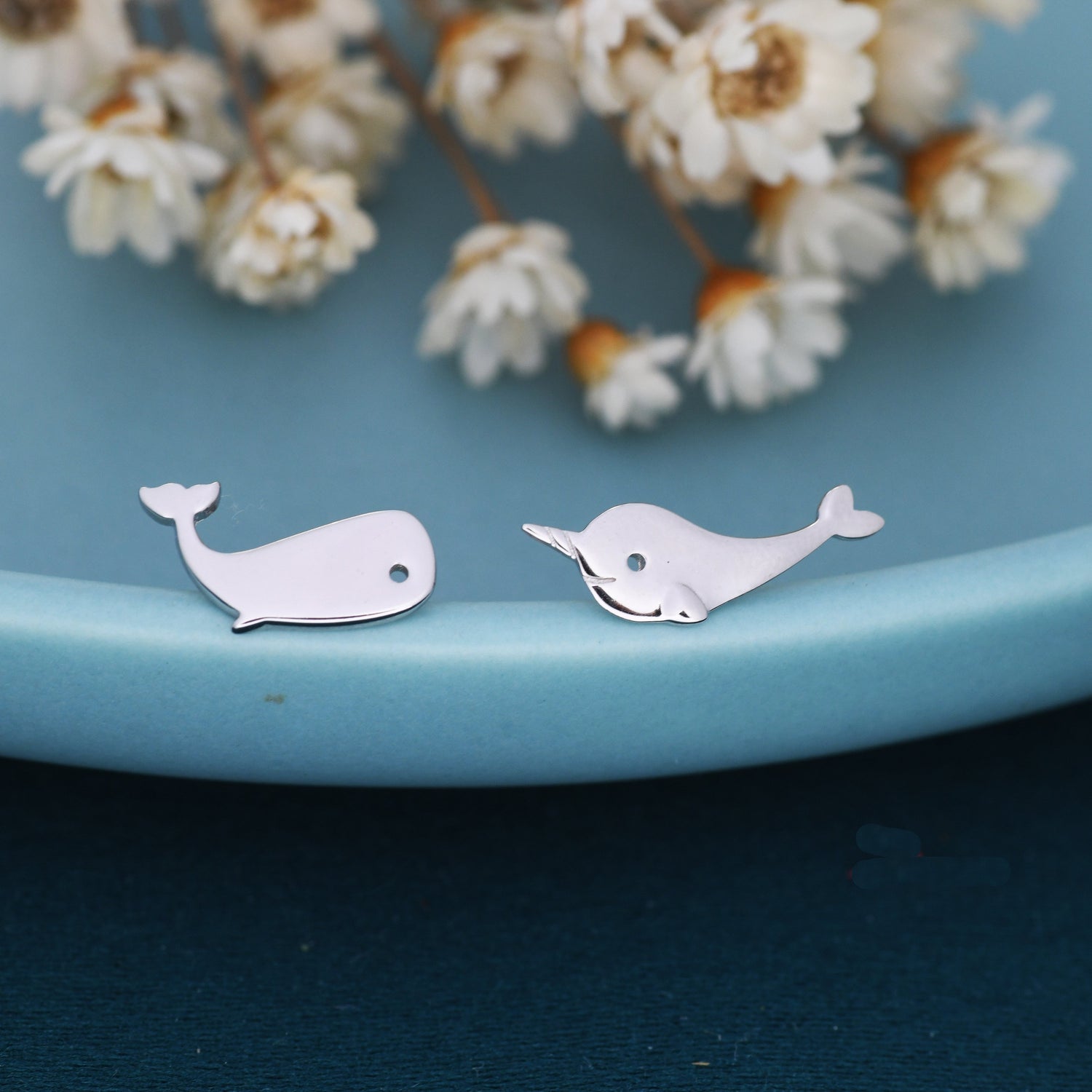 Mismatched Whale and Narwhale Stud Earrings in Sterling Silver, Whale Fish Earrings, Tiny Fish Earrings, Whale Earrings
