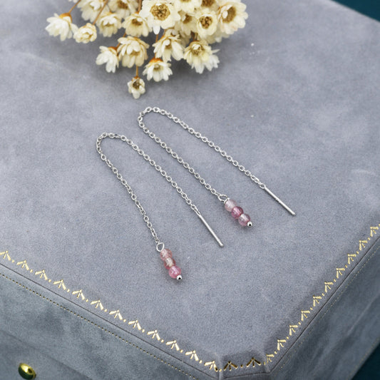 Genuine Tourmaline Trio Threader Earrings in Sterling Silver, Natural Tourmaline Cluster Dangle Earrings, Three Stone Ear Threaders - Pink