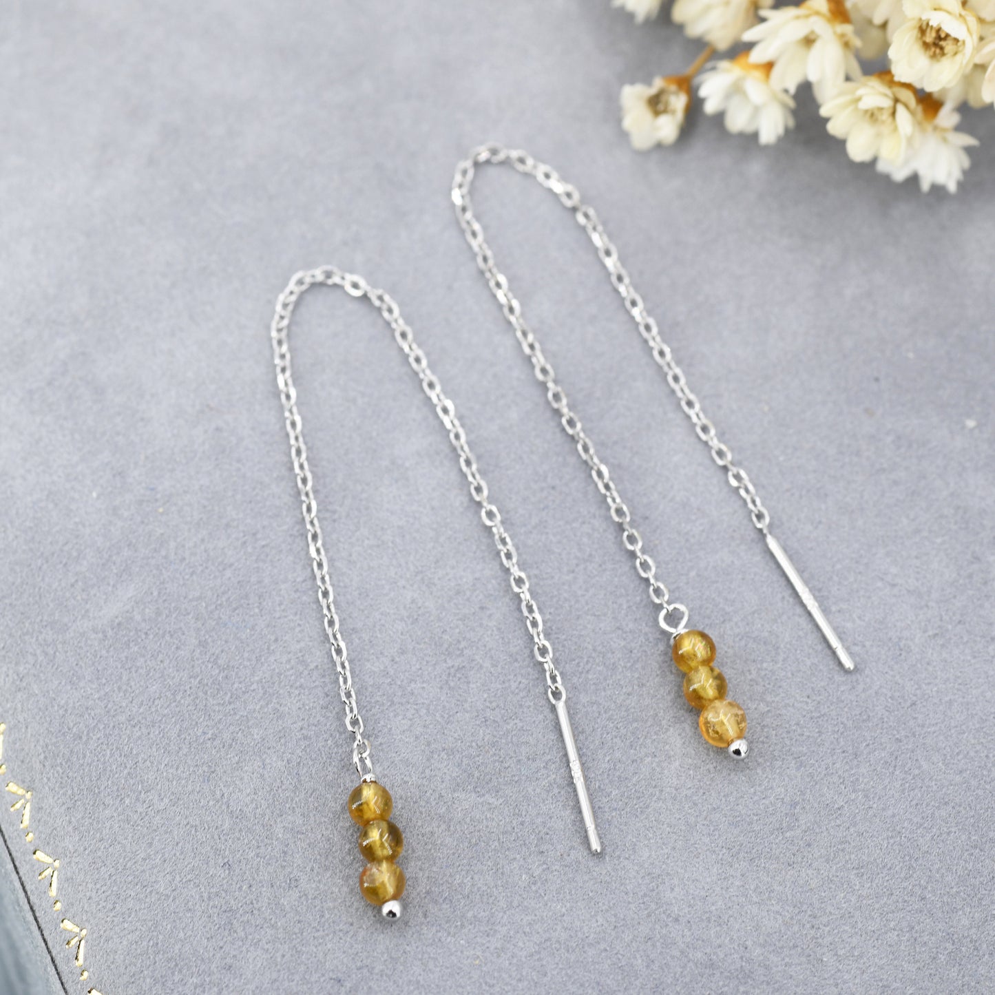 Genuine Tourmaline Trio Threader Earrings in Sterling Silver, Natural Tourmaline Cluster Dangle Earrings, Three Stone Ear Threaders - Yellow