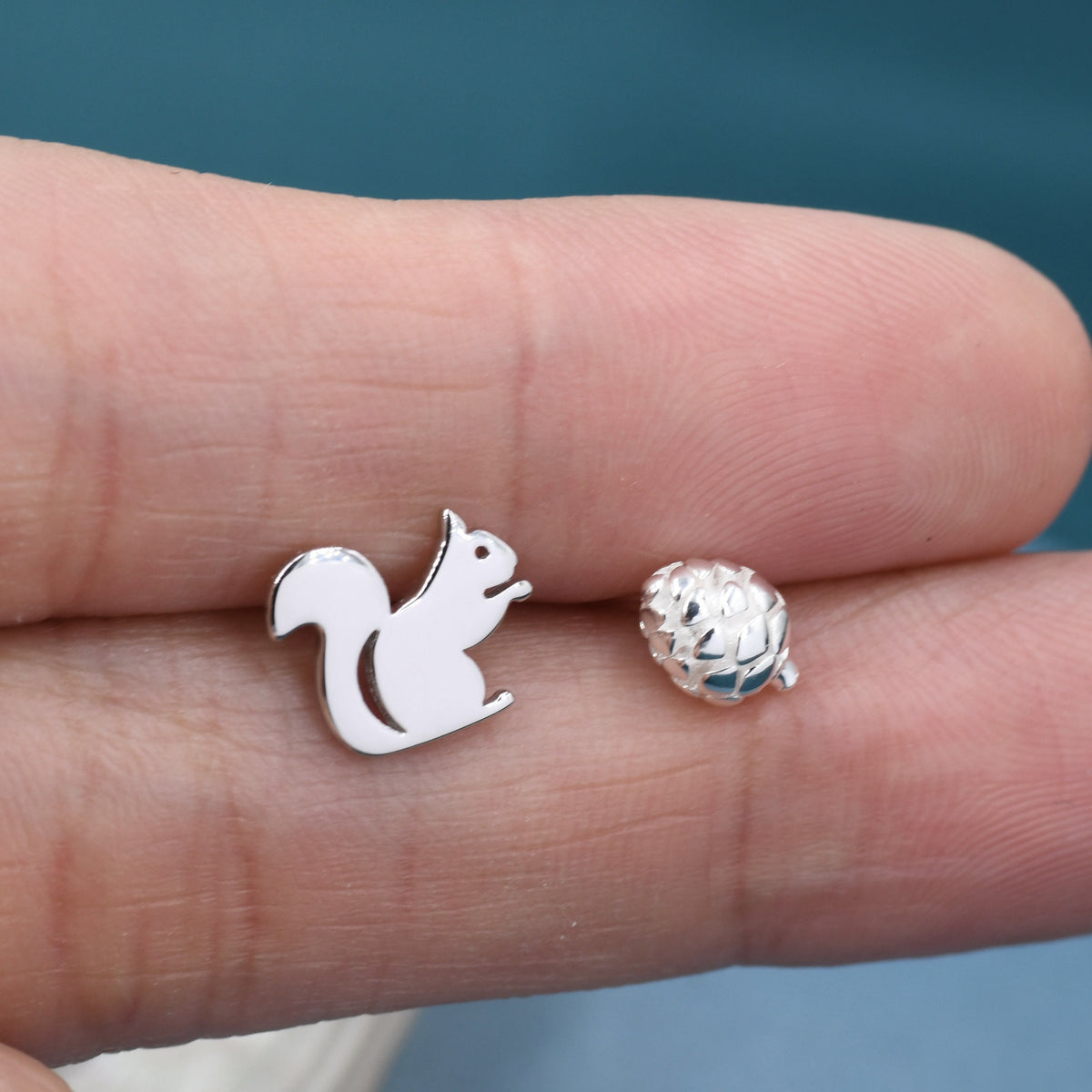 Mismatched Squirrel and Pinecone Stud Earrings in Sterling Silver, Squirrel Earrings, Pine Cone Earrings