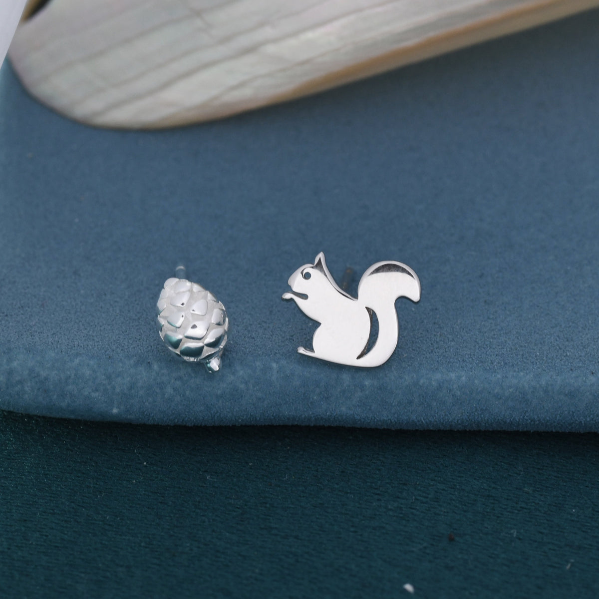 Mismatched Squirrel and Pinecone Stud Earrings in Sterling Silver, Squirrel Earrings, Pine Cone Earrings
