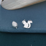 Mismatched Squirrel and Pinecone Stud Earrings in Sterling Silver, Squirrel Earrings, Pine Cone Earrings