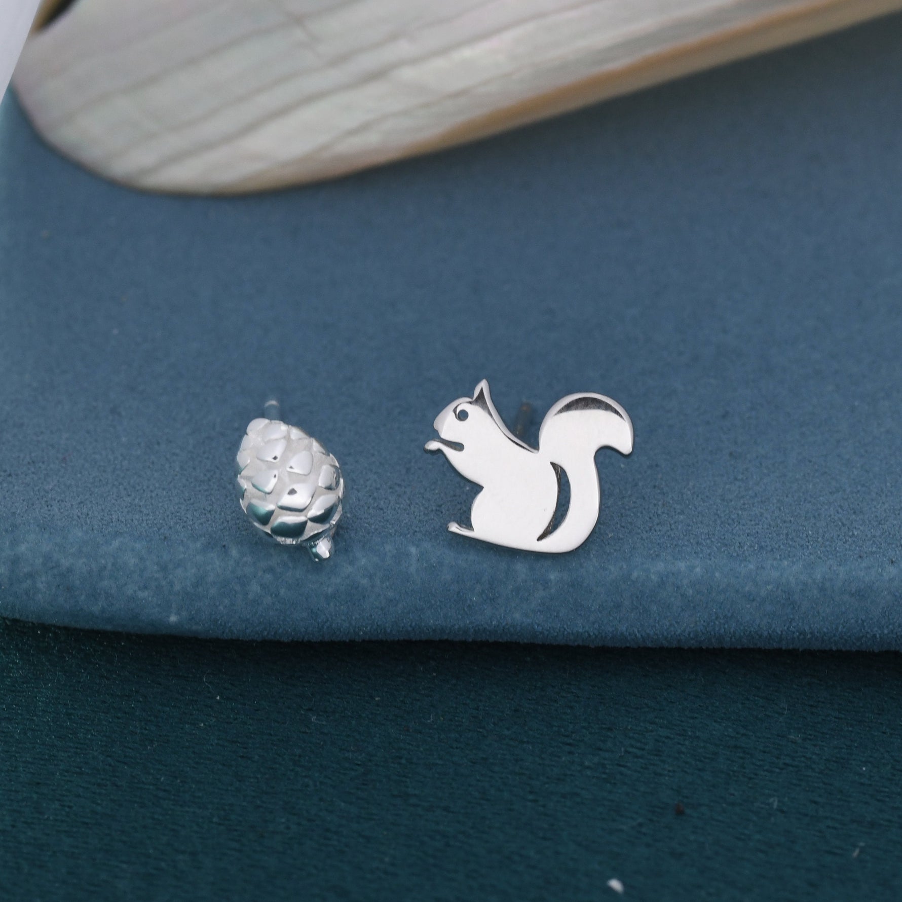 Mismatched Squirrel and Pinecone Stud Earrings in Sterling Silver, Squirrel Earrings, Pine Cone Earrings
