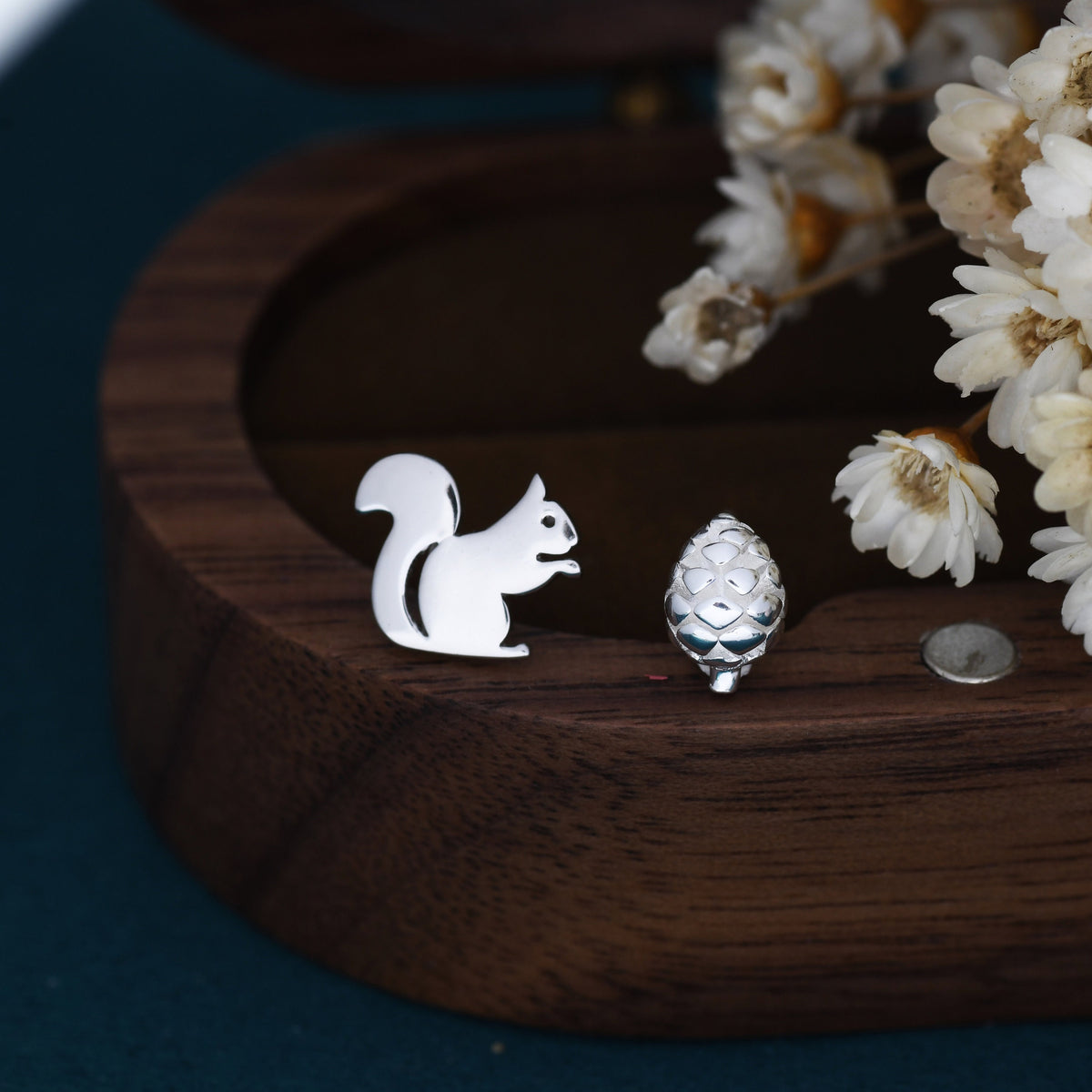 Mismatched Squirrel and Pinecone Stud Earrings in Sterling Silver, Squirrel Earrings, Pine Cone Earrings
