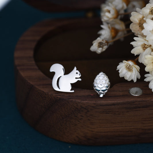 Mismatched Squirrel and Pinecone Stud Earrings in Sterling Silver, Squirrel Earrings, Pine Cone Earrings