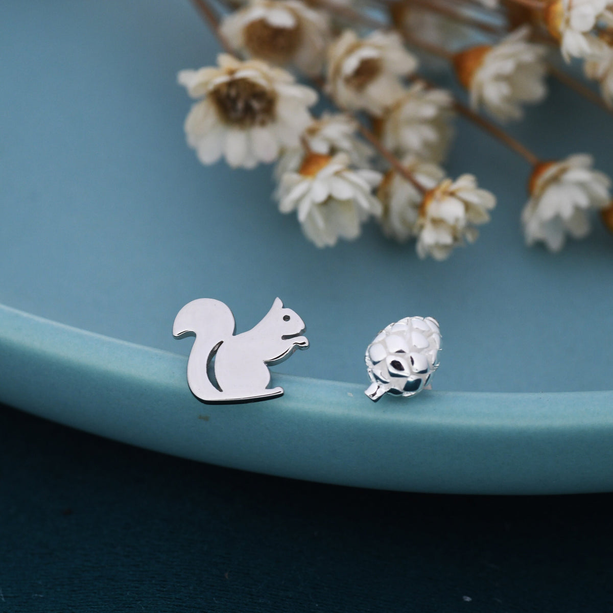 Mismatched Squirrel and Pinecone Stud Earrings in Sterling Silver, Squirrel Earrings, Pine Cone Earrings