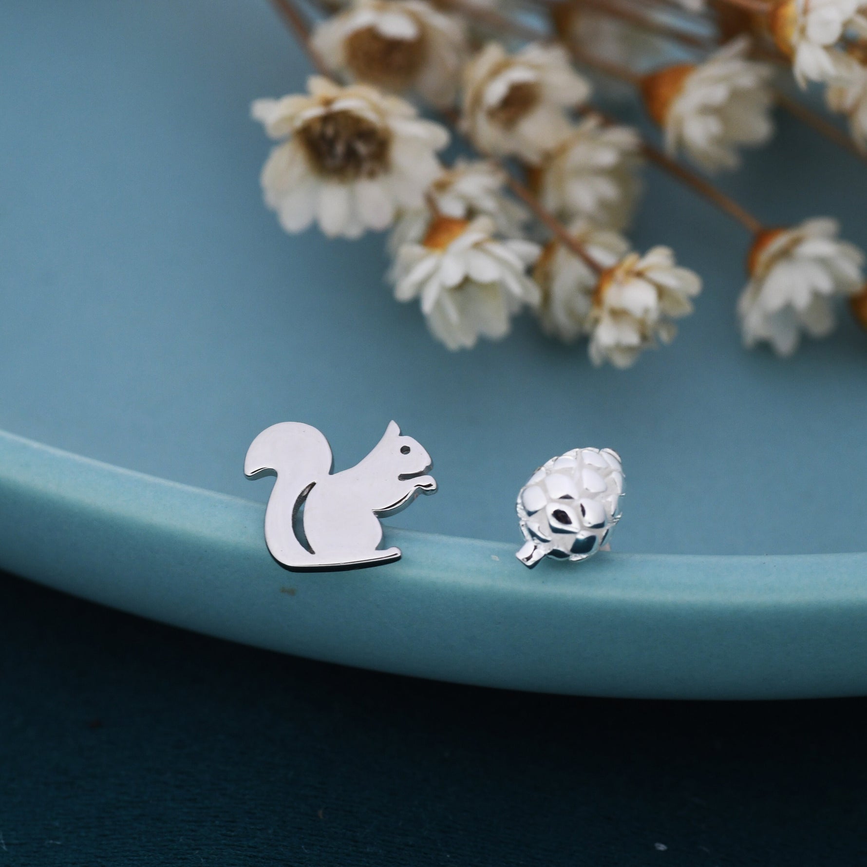 Mismatched Squirrel and Pinecone Stud Earrings in Sterling Silver, Squirrel Earrings, Pine Cone Earrings