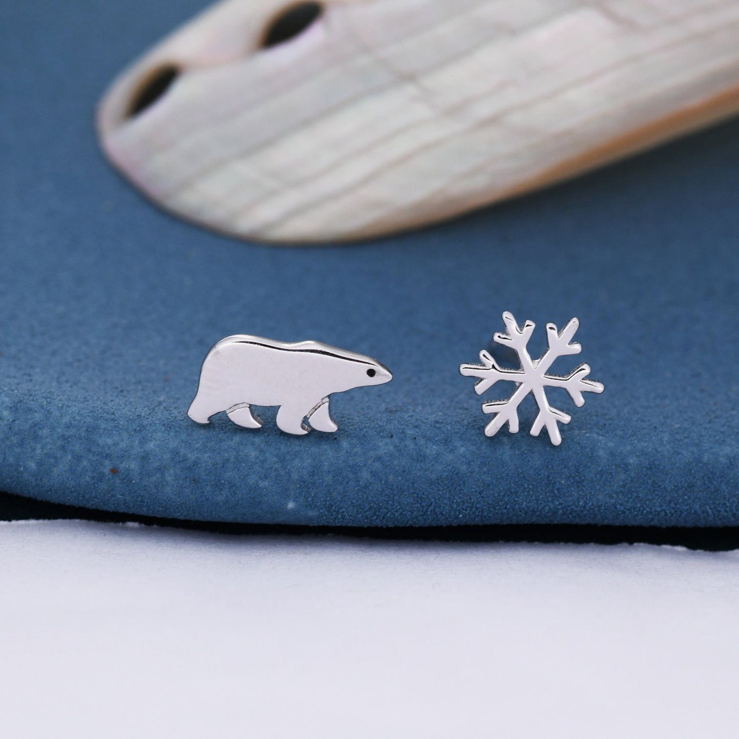 Mismatched Polar Bear and Snowflake Stud Earrings in Sterling Silver, Polar Bear and Snow Earrings, Polar Bear Earrings