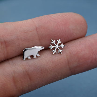 Mismatched Polar Bear and Snowflake Stud Earrings in Sterling Silver, Polar Bear and Snow Earrings, Polar Bear Earrings