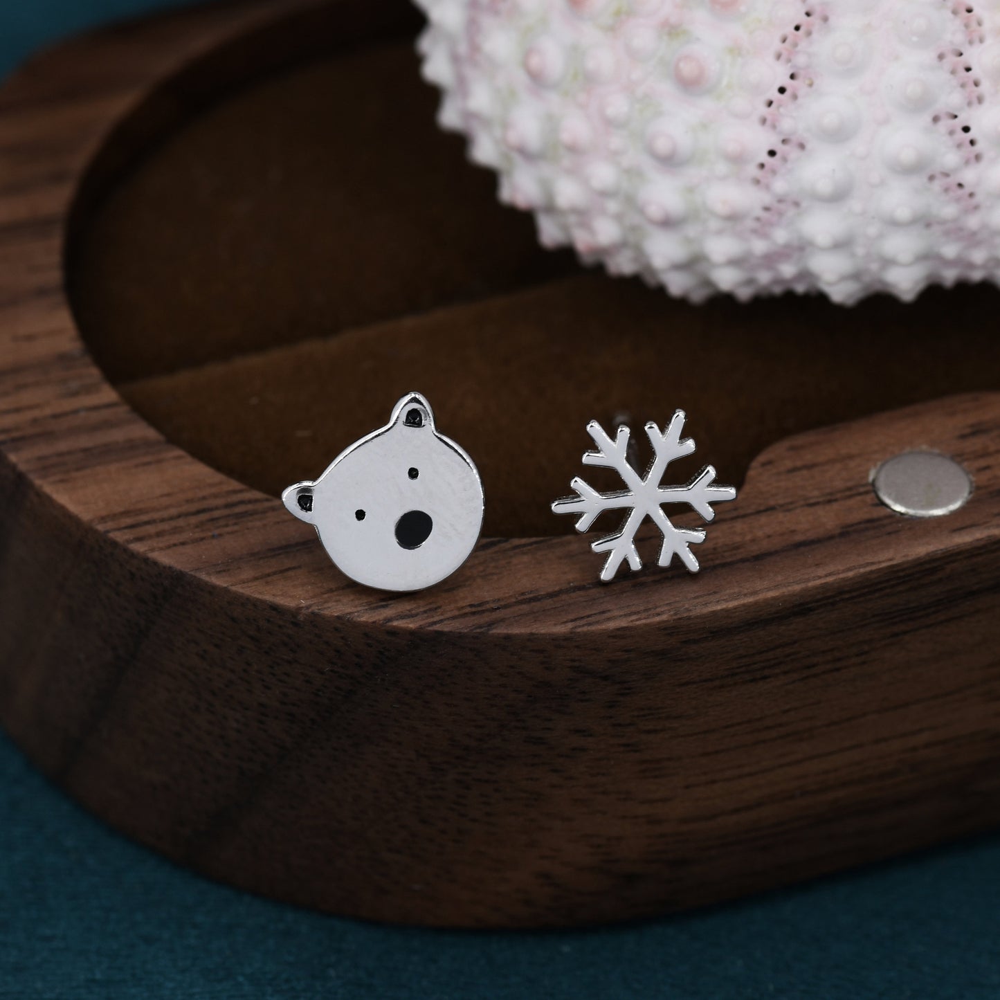 Mismatched Polar Bear and Snowflake Stud Earrings in Sterling Silver, Polar Bear and Snow Earrings, Polar Bear Earrings