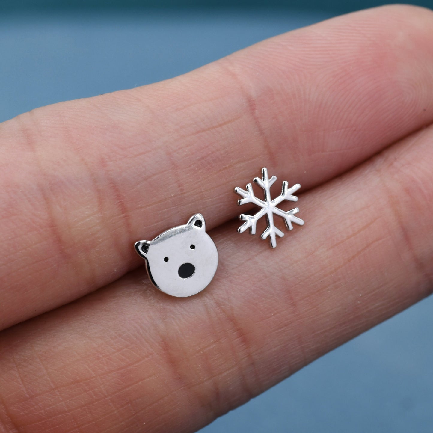 Mismatched Polar Bear and Snowflake Stud Earrings in Sterling Silver, Polar Bear and Snow Earrings, Polar Bear Earrings