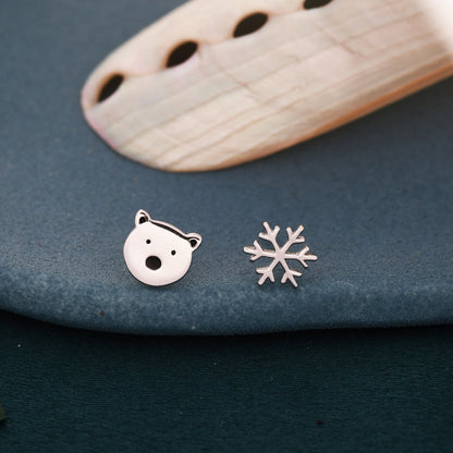 Mismatched Polar Bear and Snowflake Stud Earrings in Sterling Silver, Polar Bear and Snow Earrings, Polar Bear Earrings