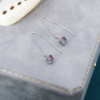 Purple Aurora CZ Cube Threader Earrings, AB Crystal Cube Ear Threaders, Delicate Threader Earrings