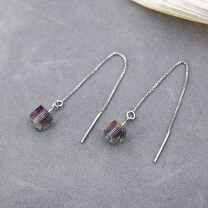 Purple Aurora CZ Cube Threader Earrings, AB Crystal Cube Ear Threaders, Delicate Threader Earrings