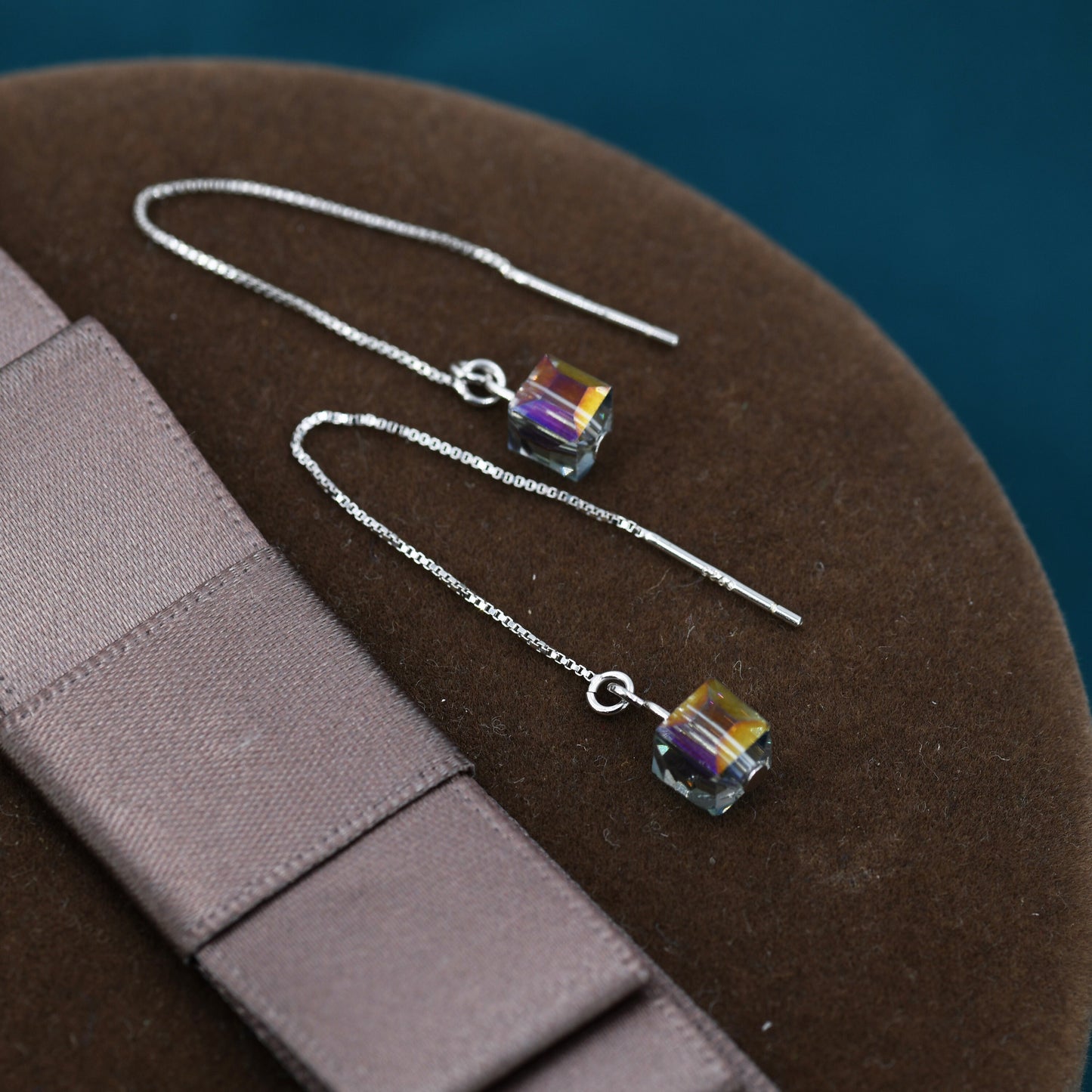 Purple Aurora CZ Cube Threader Earrings, AB Crystal Cube Ear Threaders, Delicate Threader Earrings