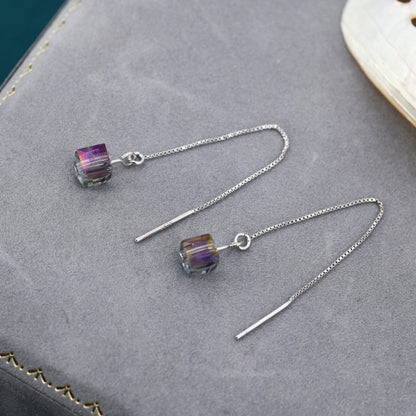 Purple Aurora CZ Cube Threader Earrings, AB Crystal Cube Ear Threaders, Delicate Threader Earrings