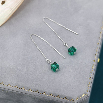 Green CZ Cube Threader Earrings, AB Crystal Cube Ear Threaders, Delicate Threader Earrings