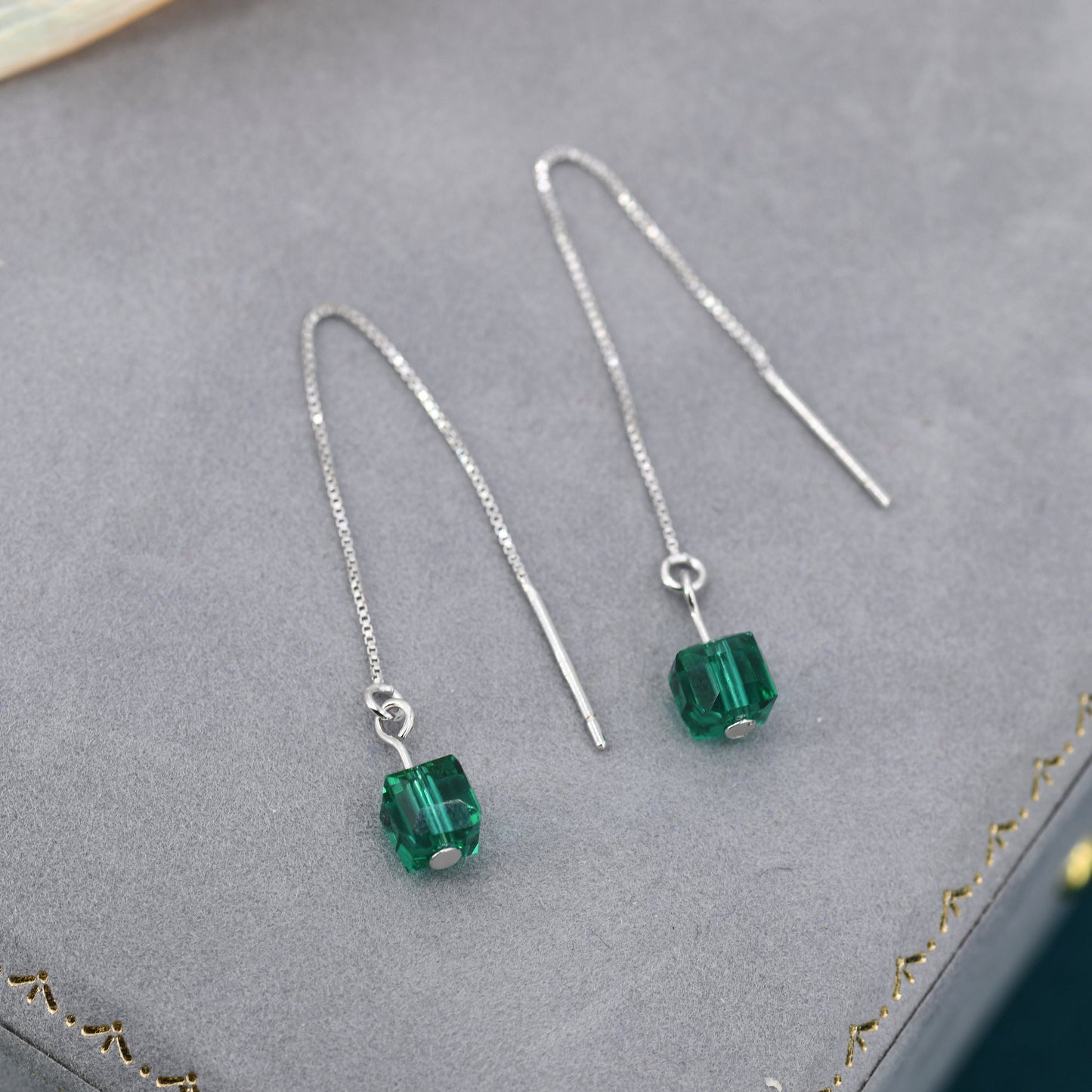 Green CZ Cube Threader Earrings, AB Crystal Cube Ear Threaders, Delicate Threader Earrings