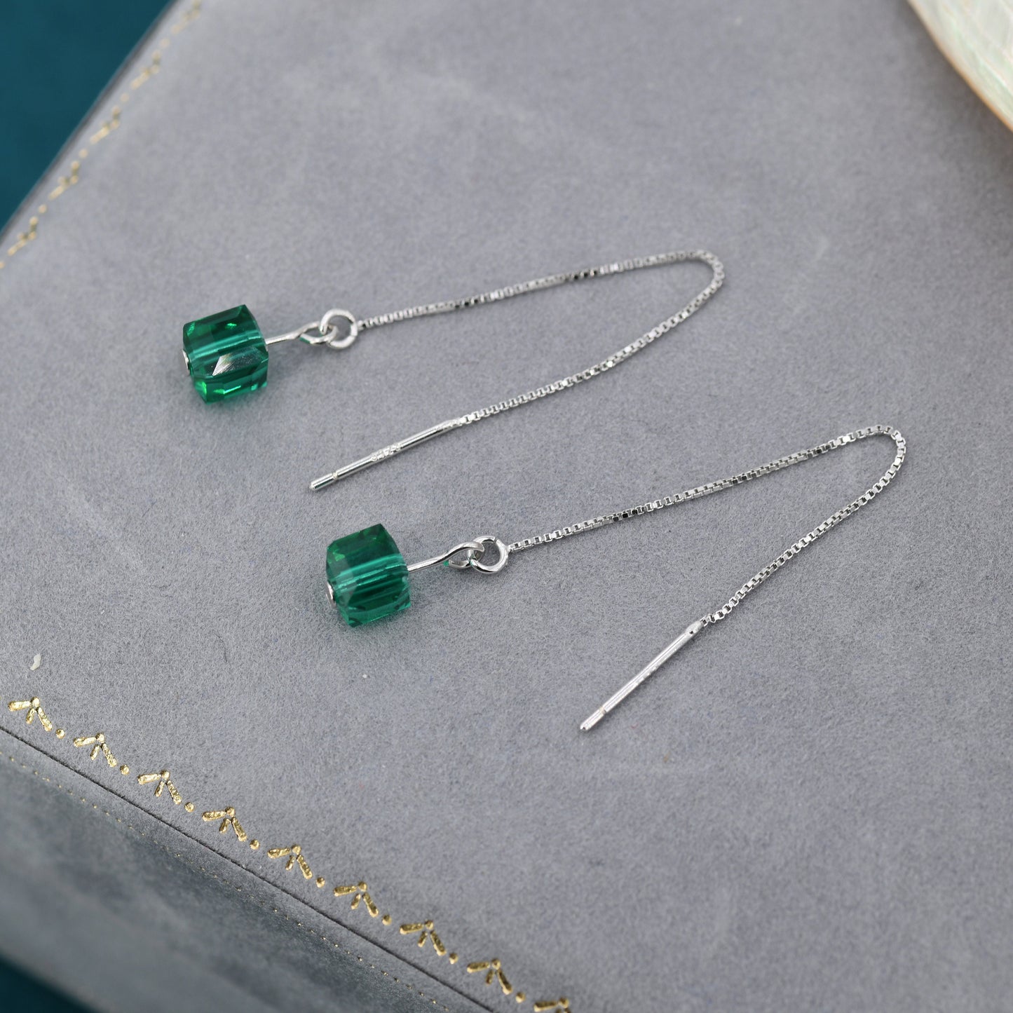 Green CZ Cube Threader Earrings, AB Crystal Cube Ear Threaders, Delicate Threader Earrings