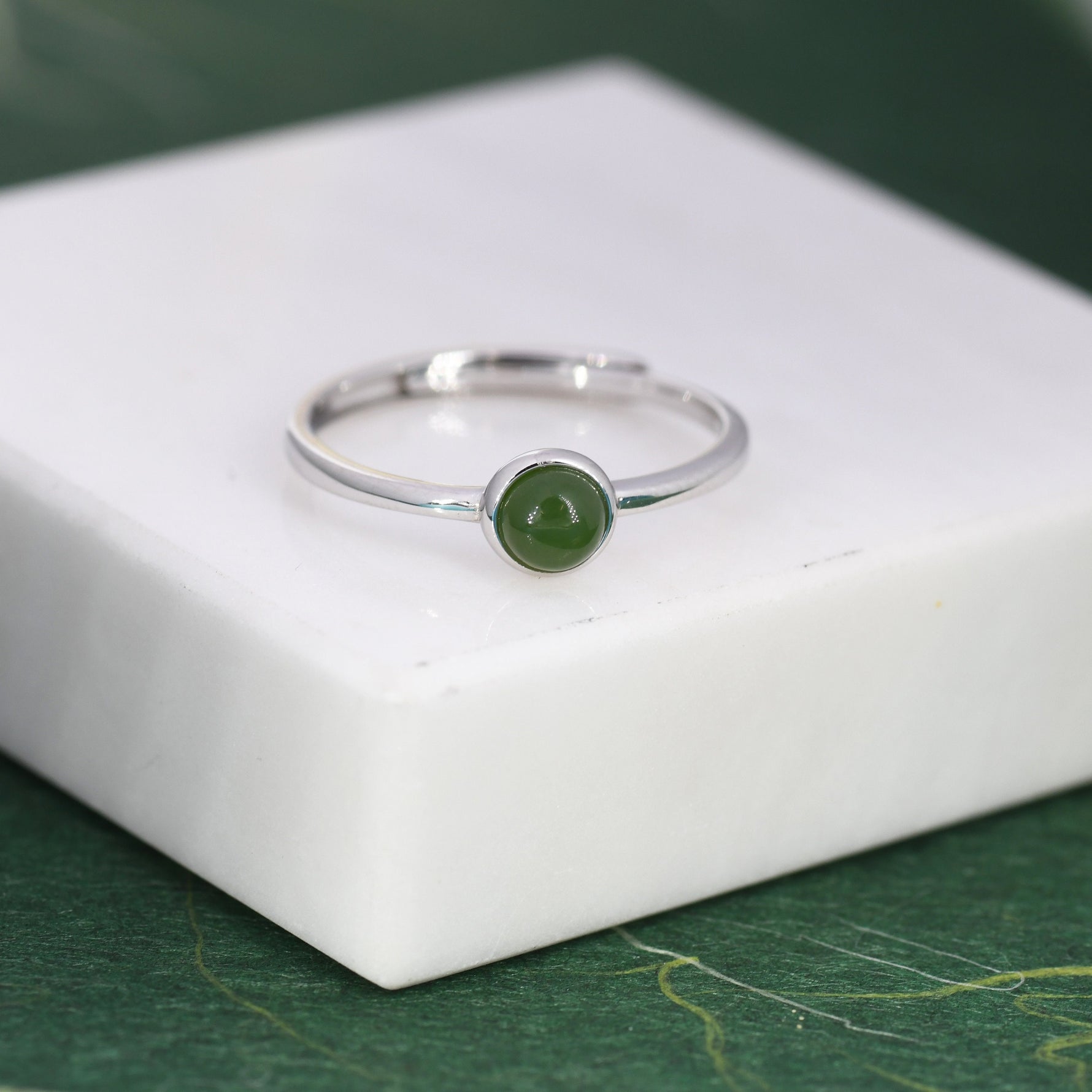Minimalist Genuine Jade Ring in Sterling Silver, 4mm Bezel Set Natural Jade Ring, Adjustable Size, Jasper Jade Ring