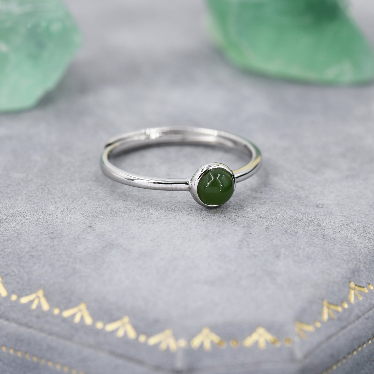 Minimalist Genuine Jade Ring in Sterling Silver, 4mm Bezel Set Natural Jade Ring, Adjustable Size, Jasper Jade Ring