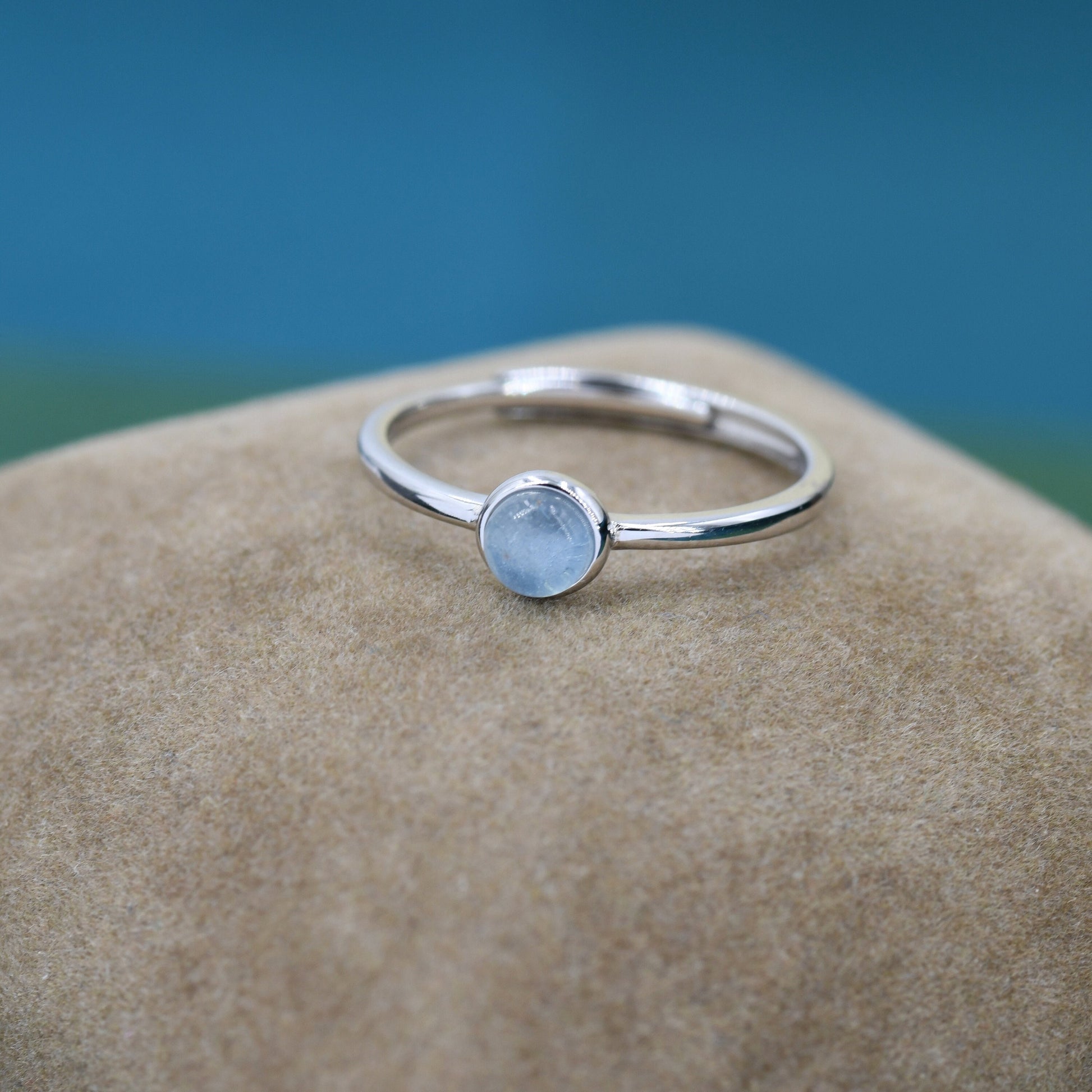 Minimalist Genuine Aquamarine Ring in Sterling Silver, 4mm Bezel Set Natural Aquamarine Ring, Adjustable Size, Aquamarine Ring